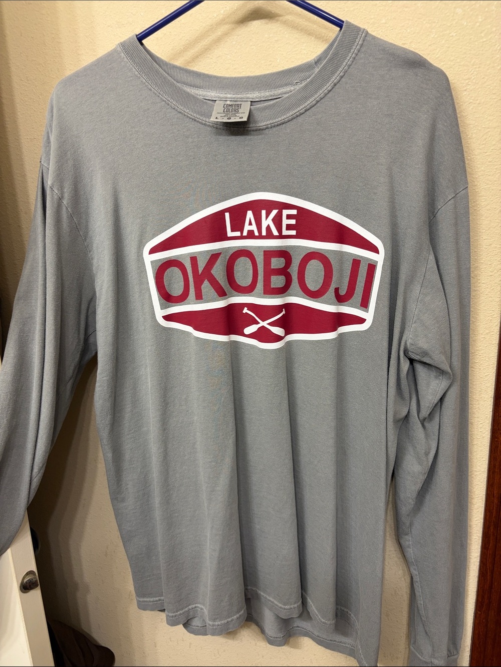 Comfort Colors Gray Long Sleeve Tee with Red "Lake Okoboji" Logo